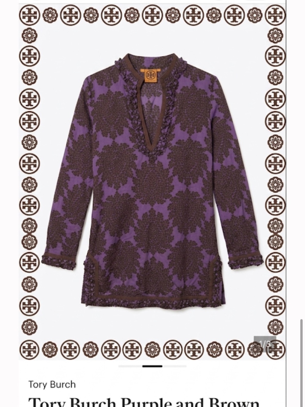 Tory Burch Purple and Brown Floral V-Neck Tunic ptp 18